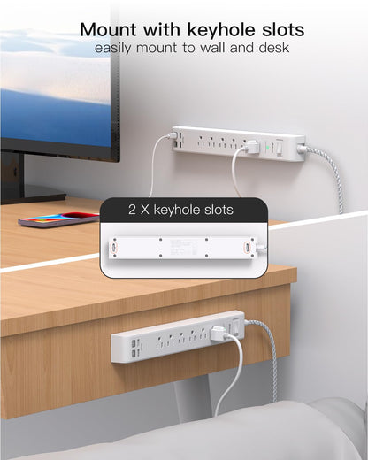 2 Pack Power Strip, 12FT Long Extension Cord, Surge Protector with 6 Outlets and 4 USB Ports (2 USB C), Flat Plug Overload Protection, Extension Cord 10+ ft, Wall Mount for Home Office Dorm College