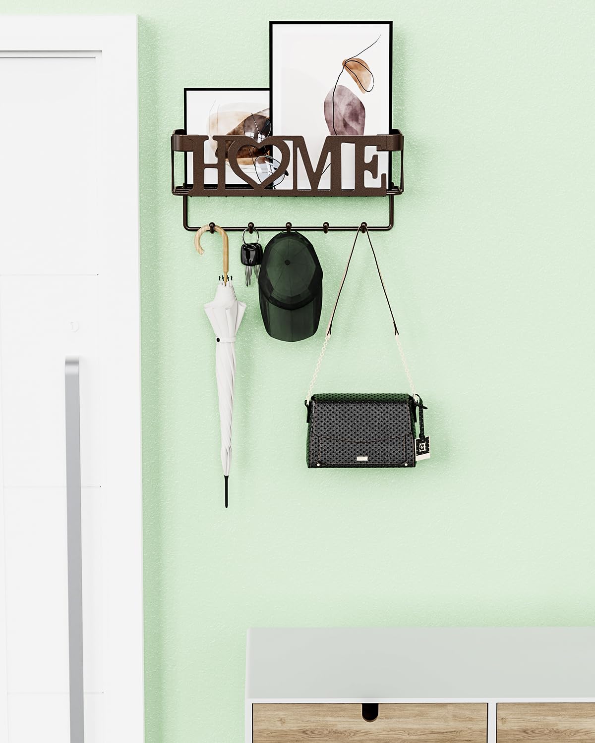 OHOBABY Key Holder Wall Mount - Adhesive Key Holder with 5 Hooks, Key Rack and Mail Organizer, Metal Basket Key Hanger for Entryway, Home, Living Room Decor, 11" L×2.8" W×4.9''H(Bronze)