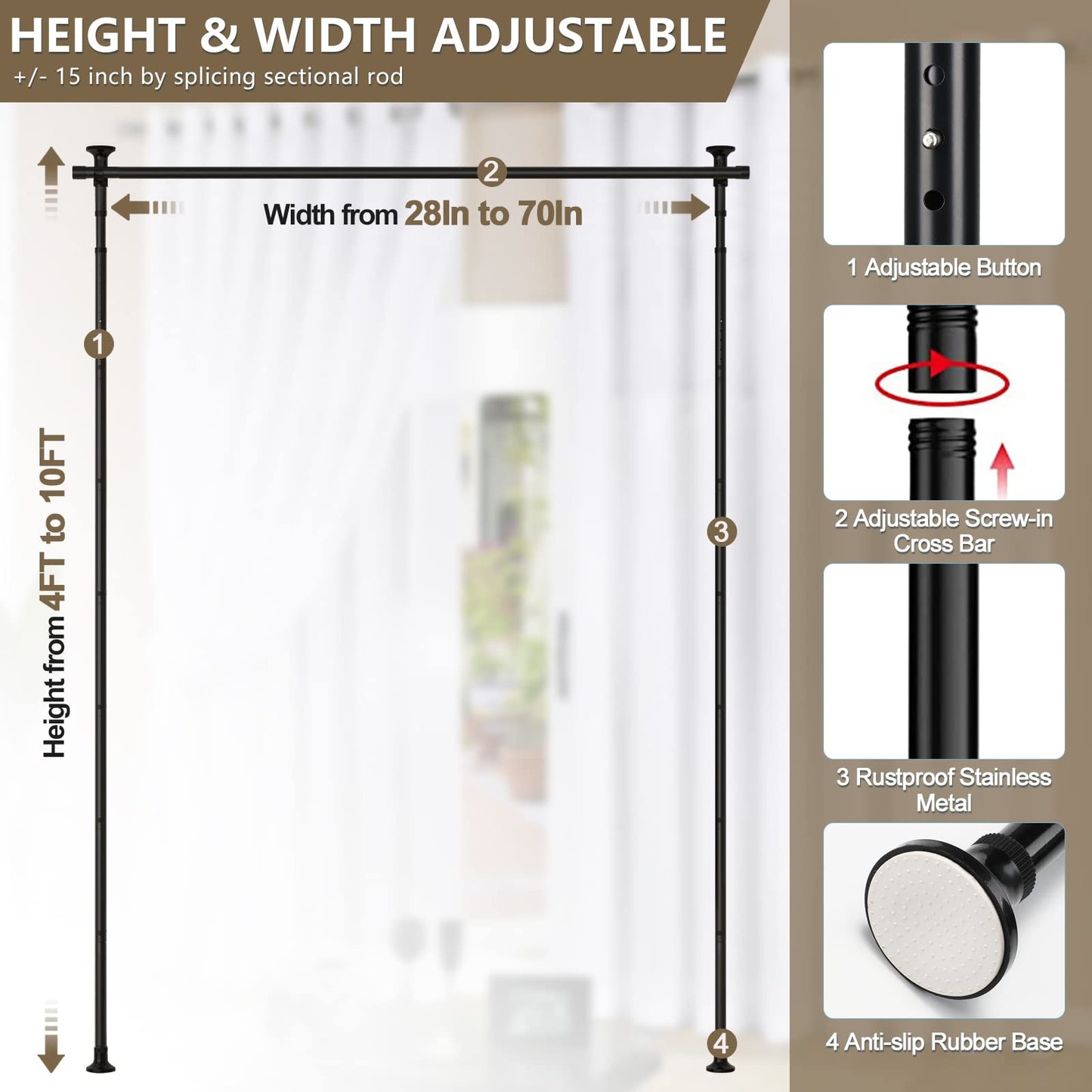 Room Divider, No Drilling Curtain Rod Wall Divider for Space Partition, Adjustable 4-10ft(H) 28-70inch(W) Heavy Duty Floor to Ceiling Tension Rod Dividers Temporary Privacy Separator Window Rods Black