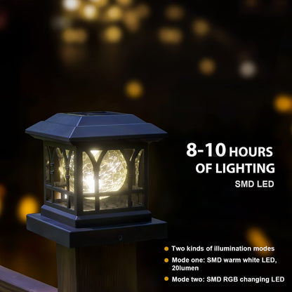 AEFRELEOHT Solar Post Cap Lights, Warm White & RGB Automatic Cycling, Cracked Glass Bulb, 20 Lumens lP65 Waterproof Fit 3.6x3.6 4x4 4.5x4.5 5x5 Wood Fence Post Solar Powered Lights Black (2 Pack)
