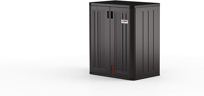 Suncast Heavy-Duty Resin Outdoor Storage Cabinet, 30" W x 20.25" D x 36" H Dark Grey Base Garage Storage Cabinet with Lockable Doors and Metal Reinforced Shelves, Made in The USA