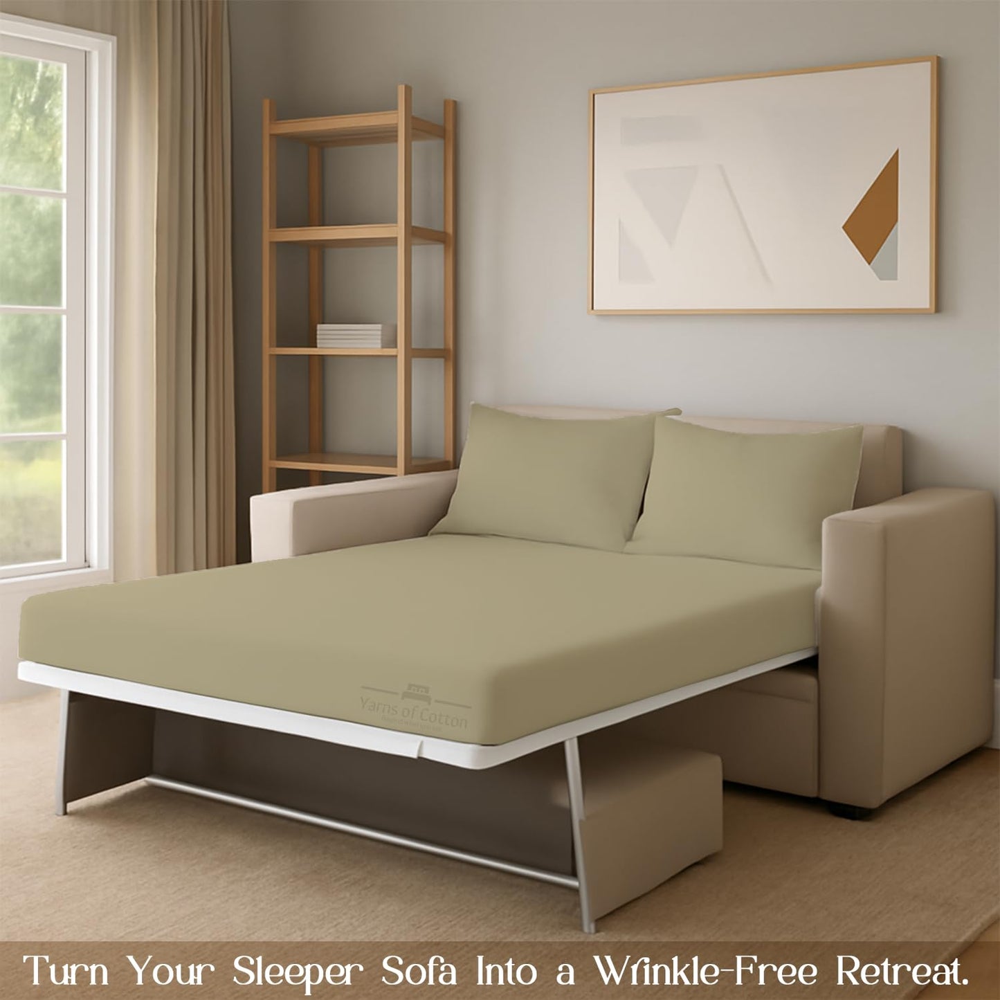 Sleeper Sofa Bed Sheet, 100% Cotton 400 Thread Count, 4 Piece Set, Deep Pocket Fitted Sheet, Soft Wrinkle Free & Breathable, Luxury Hotel Quality, Fits Up to 6 Inch Mattress (Full, Beige)