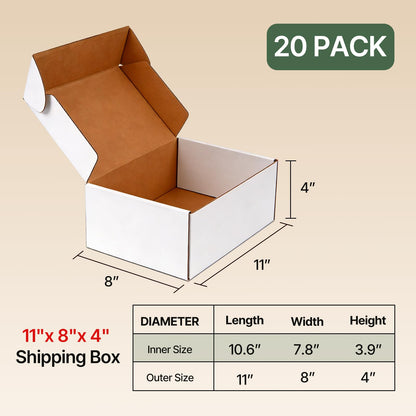 Ovlospa 11x8x4 inch Shipping Boxes 20 Pack, White Mailer Corrugated Cardboard Boxes Commerce Packaging Boxes for Storage Book Gifts Craft
