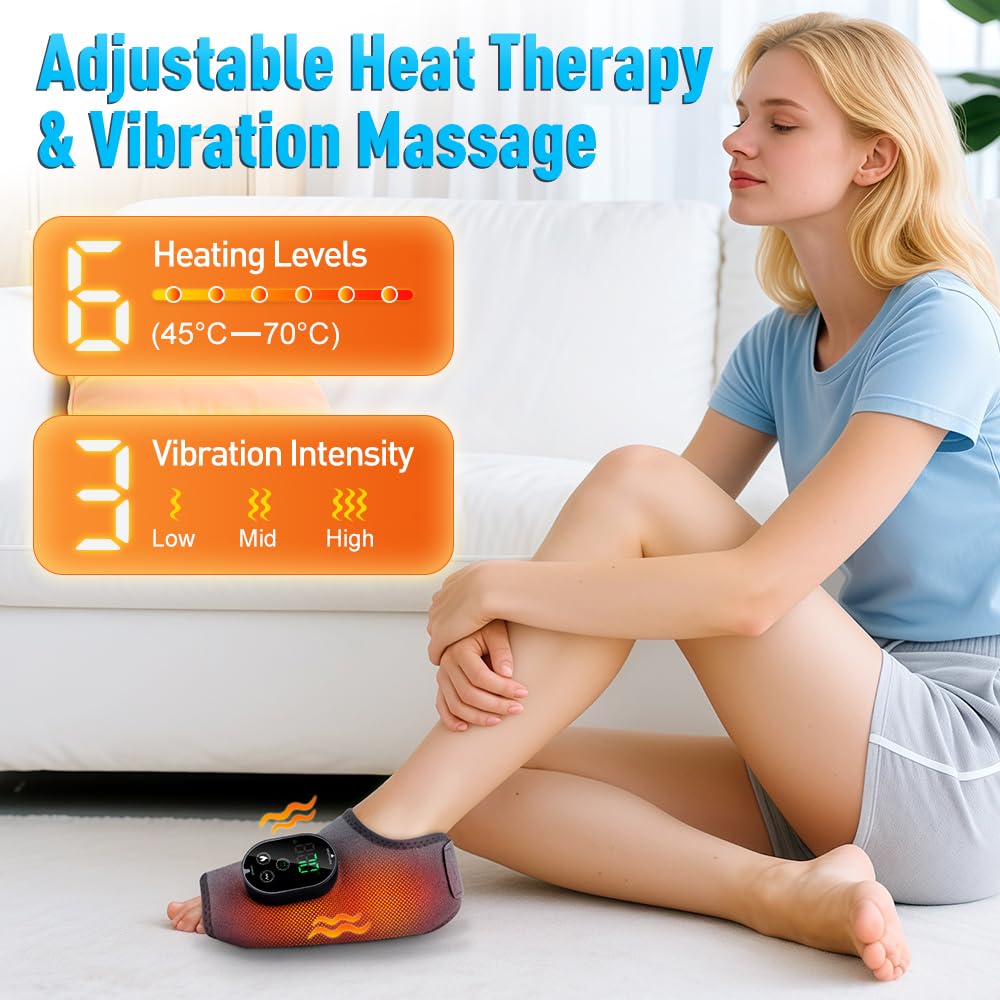 Ankle Massager,3-in-1 Wearable Hot & Vibration Massager for Feet, Ankles, and Arms | Reusable Heating Pad Brace for Home Recovery (Grey)