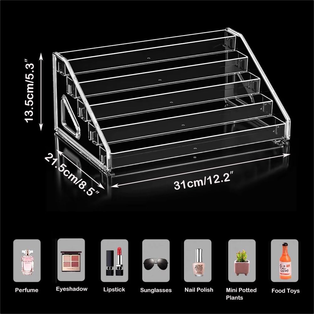 5 Tier Acrylic Display Stand Organiser with Fences, No Assembly Perfume Stand Organiser, Clear Display Shelf for Home, Office, Retail for Funko Figures Toys Cupcake Food, Cologne, Cosmetics, Storage