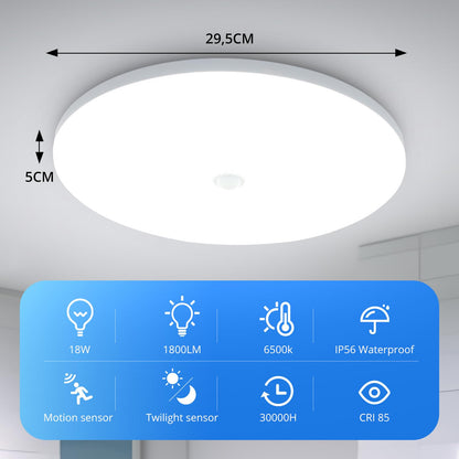 Combuh 18W PIR Twilight Motion Sensor Ceiling Light Fitting Indoor, 29.5CM Flush Modern LED Porch Lamp 240V, Round IP56 Waterproof, Hallway Stairway Garage, Cool White 6500K