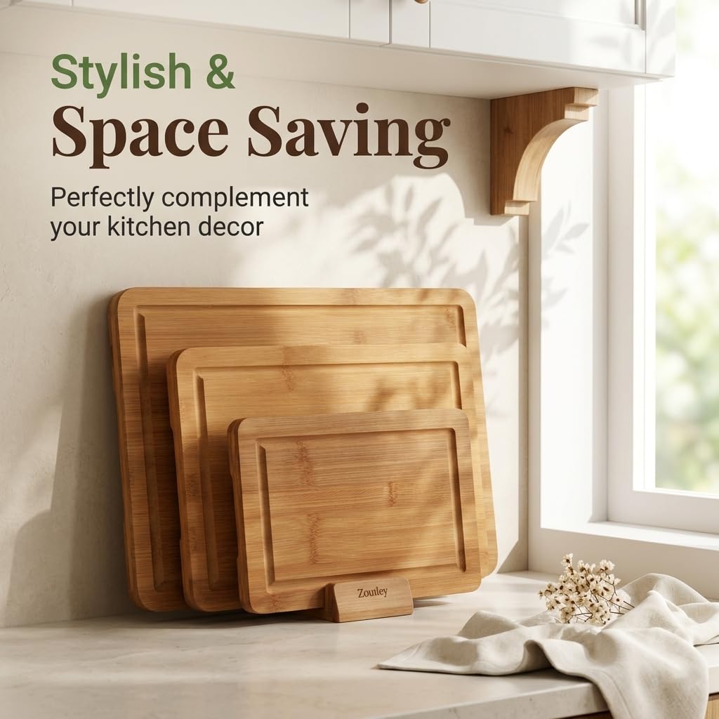 Zoutley 3-Piece Deep Carbonized Bamboo Cutting Board Set with Vertical Drying Stand | Wooden Chopping Boards for Kitchen | Extra Deep Juice Grooves & Easy-Carry Side Handles | Gift-Ready