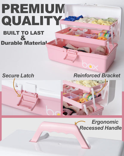 TERGOO 12in 3-Layer Plastic Craft Organizers and Storage, Portable Folding Tackle Box with Handle & Adjustable Dividers, Multipurpose Case for Sewing, Art Supplies, Medicine, Tools (White Pink)