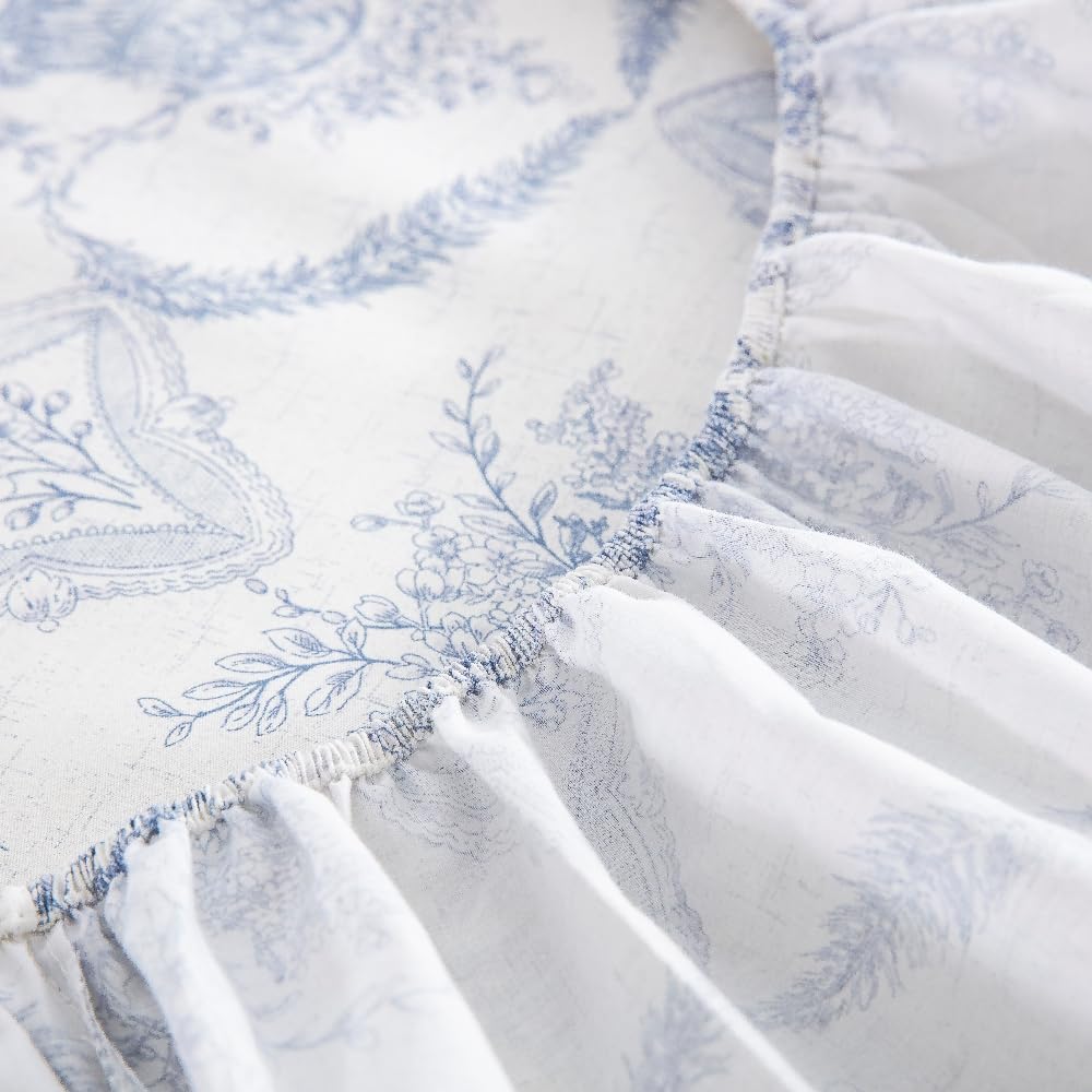 DAUAOTO King Size Cotton Bedding Printed Sheets Set, Up to 14" Deep Mattress, Farmhouse Country Cottage Pattern Bedlinen Sets, French Blue