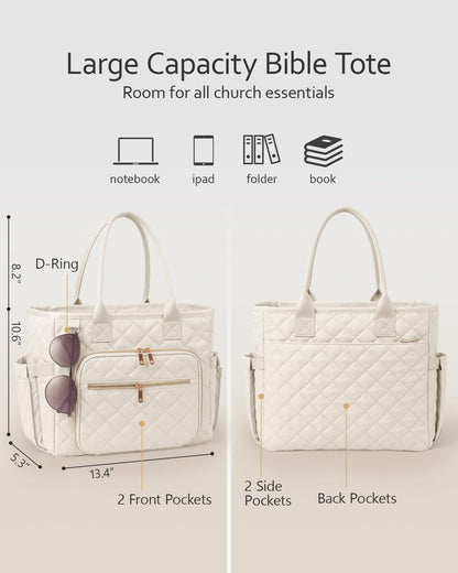 BellaHold Large Bible Bag with Bible Cover Case for Women, Church Bag with shoulder strap, Quilted Bible Cover for Bible Study Supplies, a Christian Gift for Women, Beige