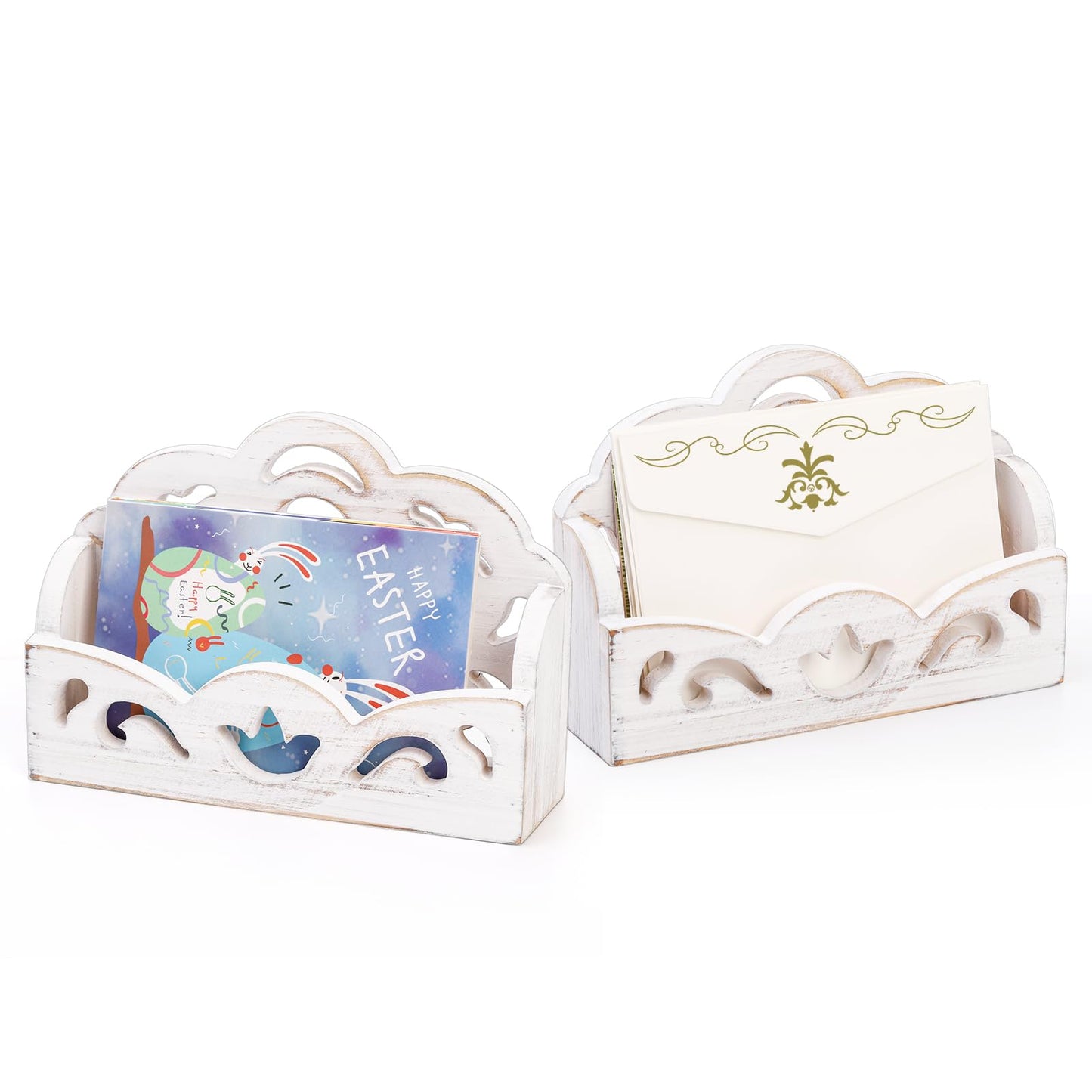 yarlung 2 Pack Vintage Business Card Holder, Shabby Chic White Greeting Card Display Stand, Wooden Open Name Cards Holder for Desktop, Office Trade Receptions, Hollowed Design