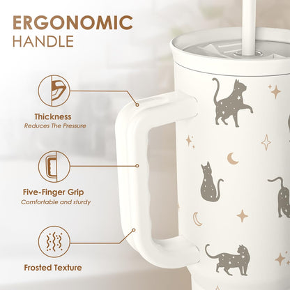 Gift for Cat Lovers Cat Mom – 40oz Stainless Steel Tumbler with Handle and Straw - Travel Coffee Mug for Women, Gift for Birthday, Christmas