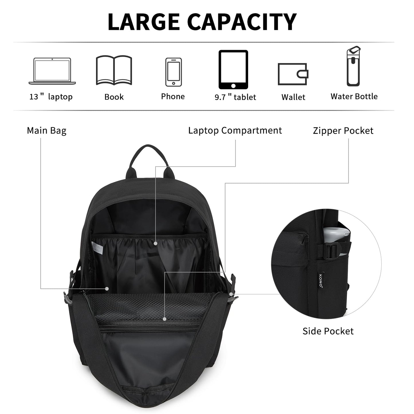 Kono School Backpack Casual Daypack School Bags for Girls Boys Bookbag Lightweight Travel Rucksack Work Bag for Men Women (Black)