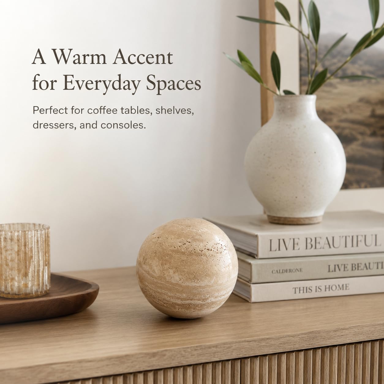 Artisanal Abode Natural Travertine Decorative Sphere, 3.94 Inch Stone Ball Decor, Hand-Polished Beige Orb Accent for Coffee Table, Shelf, Dresser and Living Room