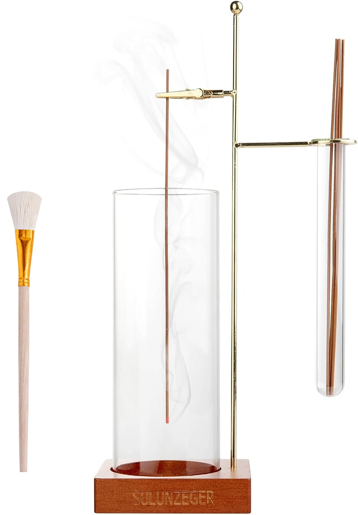 SULUNZEGER Incense Holder for Stick, Glass Insence Burner for Sticks with Removable Anti Ash Catcher & Storage Tube, Wood Cones Holders Stand with Ash Brush, Yoga Spa Madiation Relaxation, Home Decor