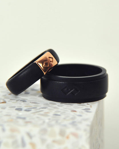 Rinfit Matching Silicone Rings for Couples - Silicone Wedding Bands Sets for Him and Her - MetalInfinity & Infinity Patented Design - Black & Black - Women 8 & Men 11