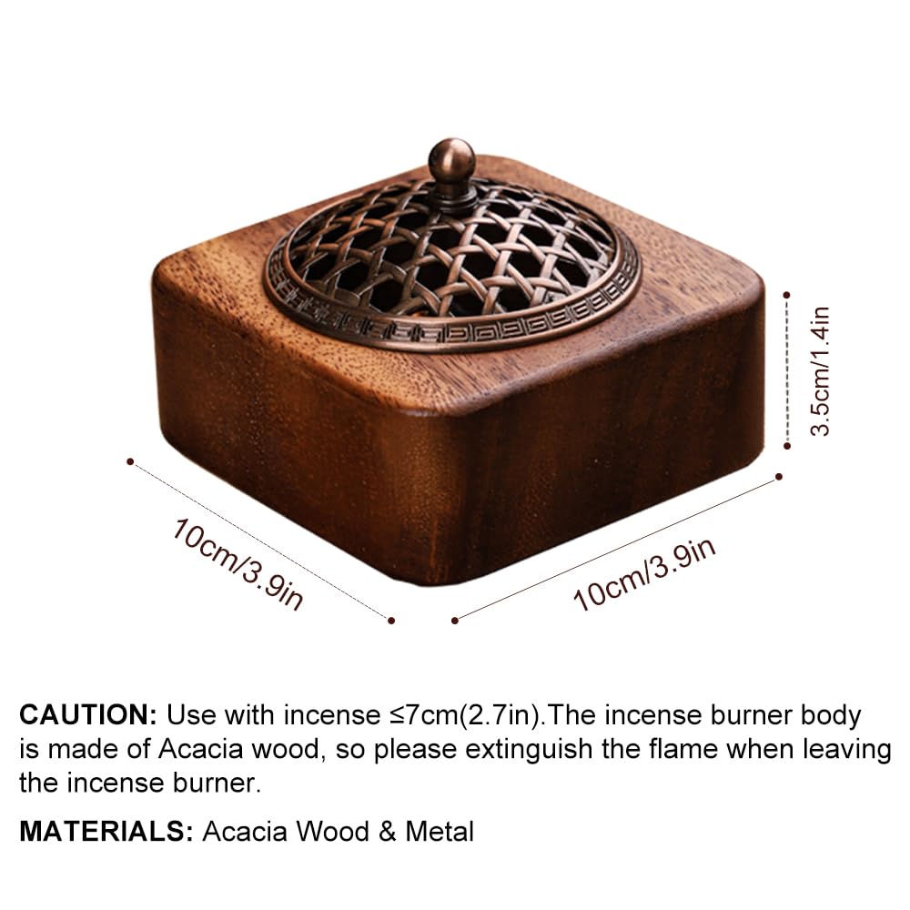 MIGAKU HOME Square Incense Burner Holder - 4" Handcrafted Walnut Wood Censer with Metal Alloy Lid | Natural Incense Stick/Bowl Tray for Yoga & Meditation | Luxury Home Decor Gift for Zen Lovers