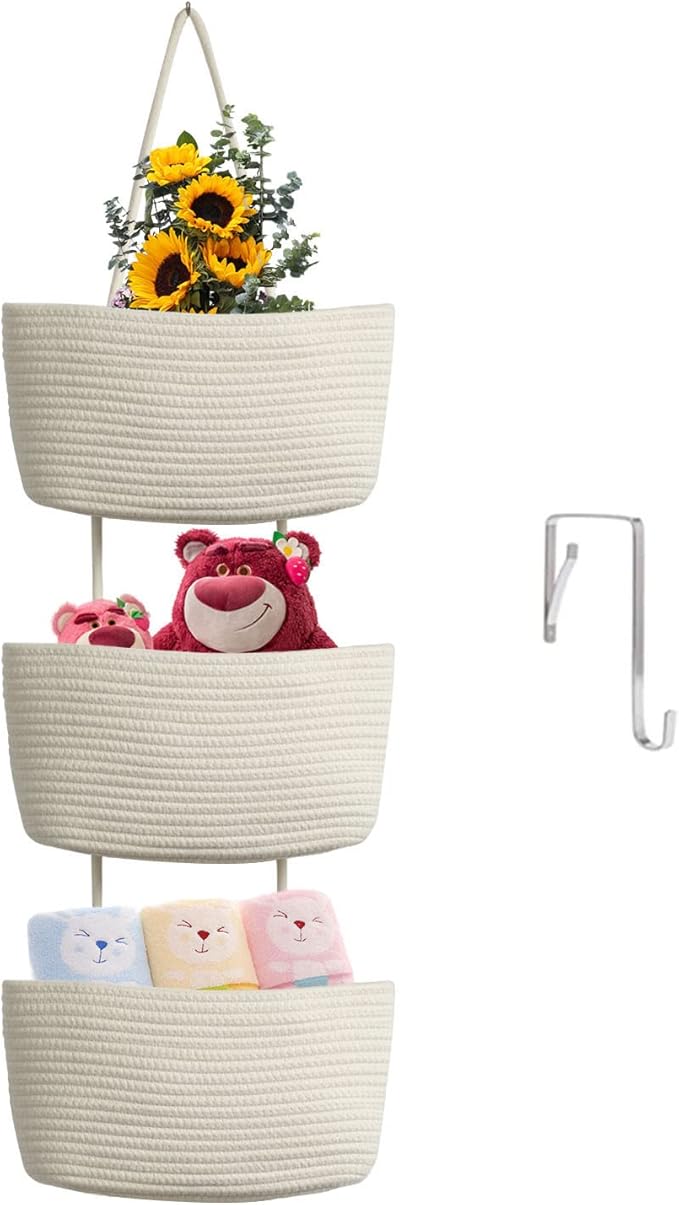 TeoKJ Over the Door Hanging Baskets, 3-Tier Woven Cotton Storage Organizer Bag