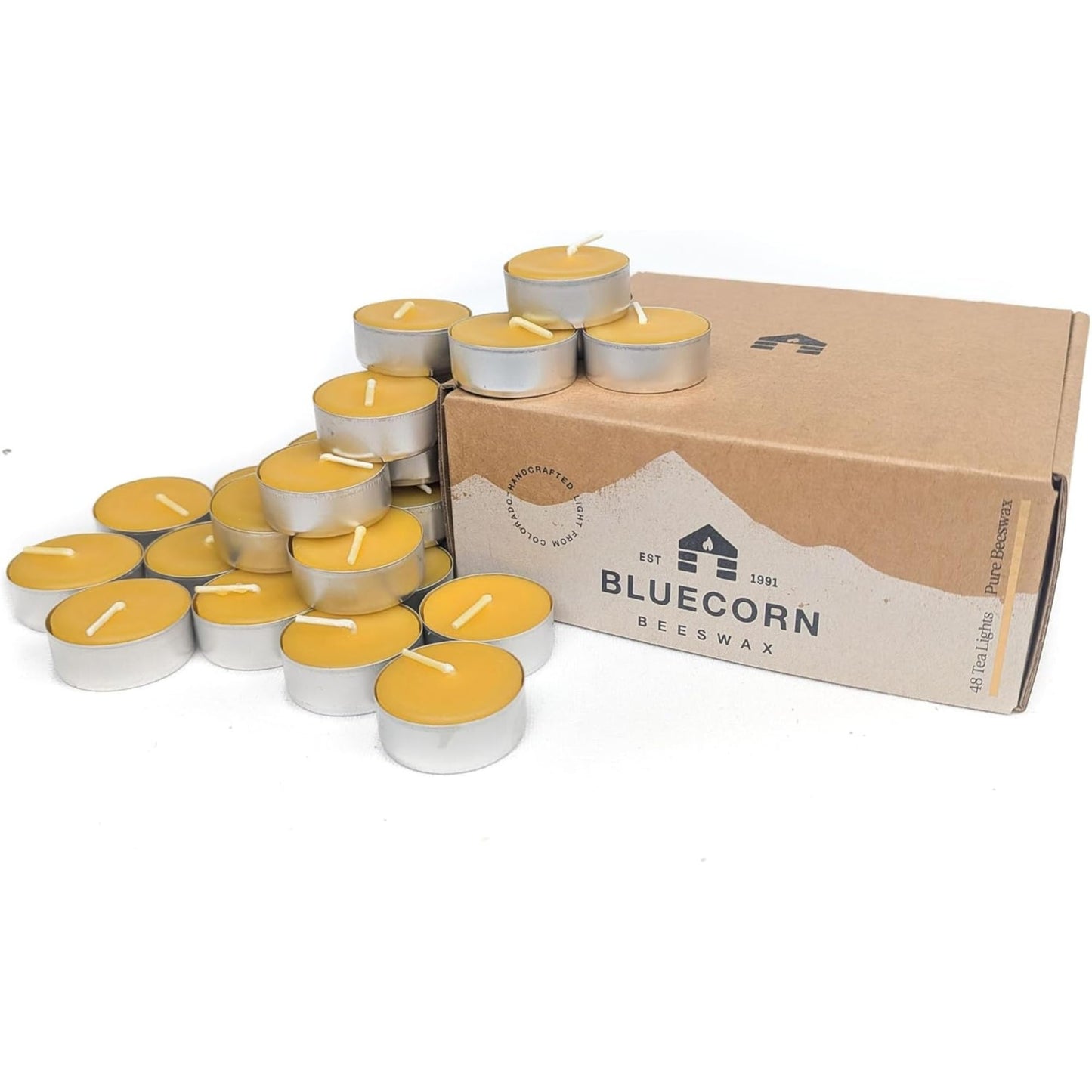 Bluecorn Beeswax Tea Light Candles, 100% Pure Natural Bees Wax, Yellow Tea Lights in Metal Cups, Fragrance Free, Paraffin & Soy Free Candle Wax, Clean Burning, Long Lasting, American Made, 48 Pack