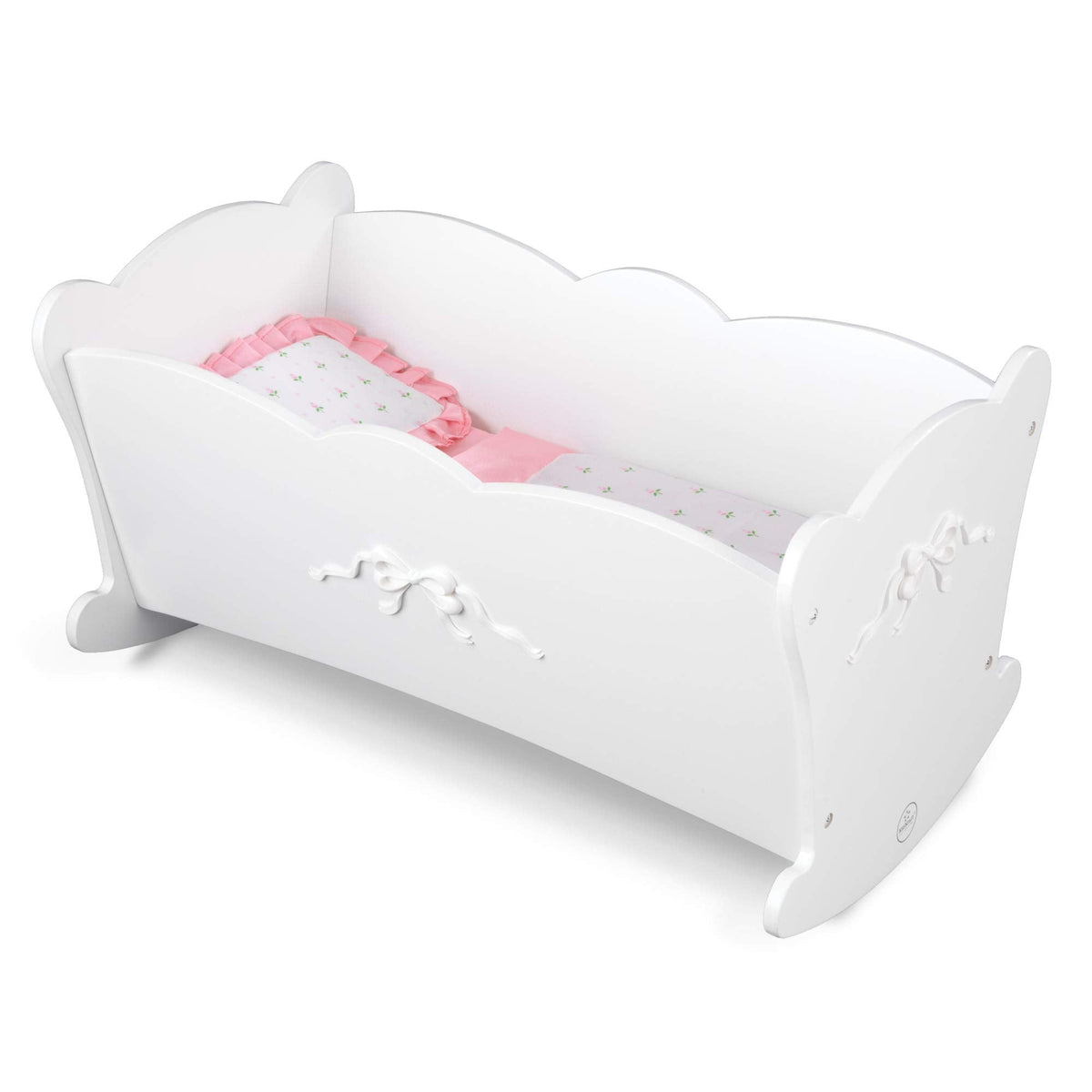 KidKraft Tiffany Bow Scalloped-Edge Wooden Lil Doll Rocking Cradle with Comforter, Pad and Pillow - White, Gift for Ages 3+
