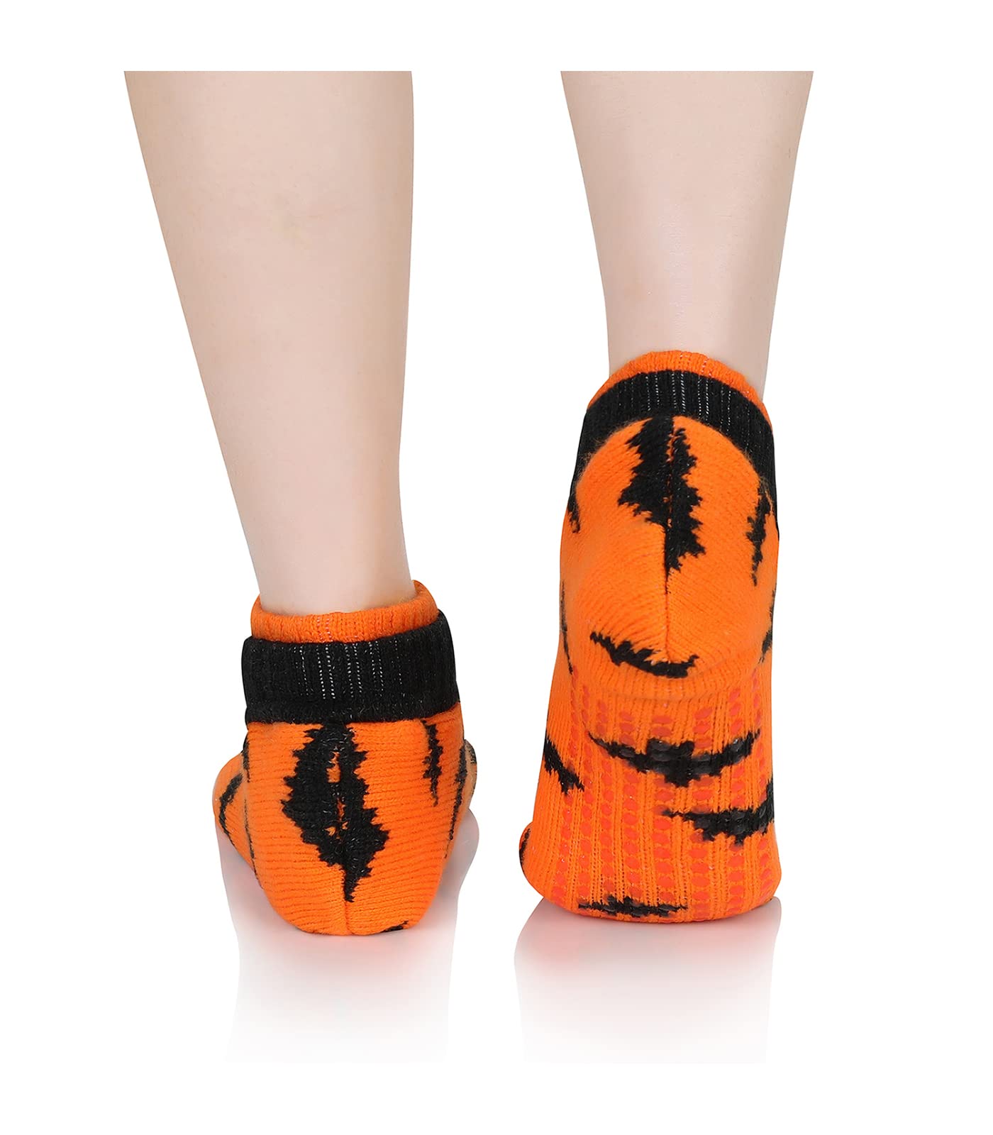 Slipper Socks for Women Halloween Warm Winter Knit Grippy Socks Athletic Non Slip Socks Orange Bat