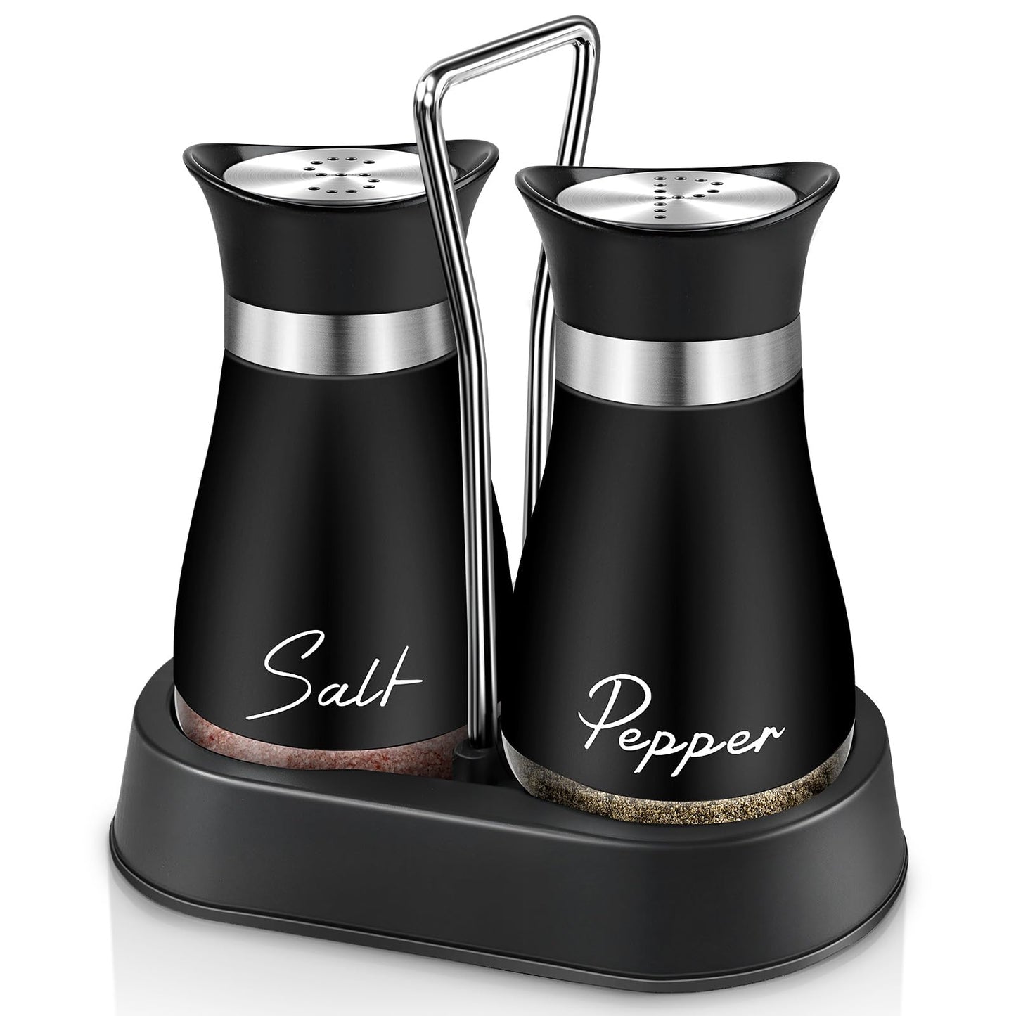 Salt and Pepper Shakers, Farmhouse Salt and Pepper Shakers Set with Holder, electroplated Handle, 4 oz Stainless Steel Glass Bottle Dispenser, for Table, RV, Camp, BBQ (Black)