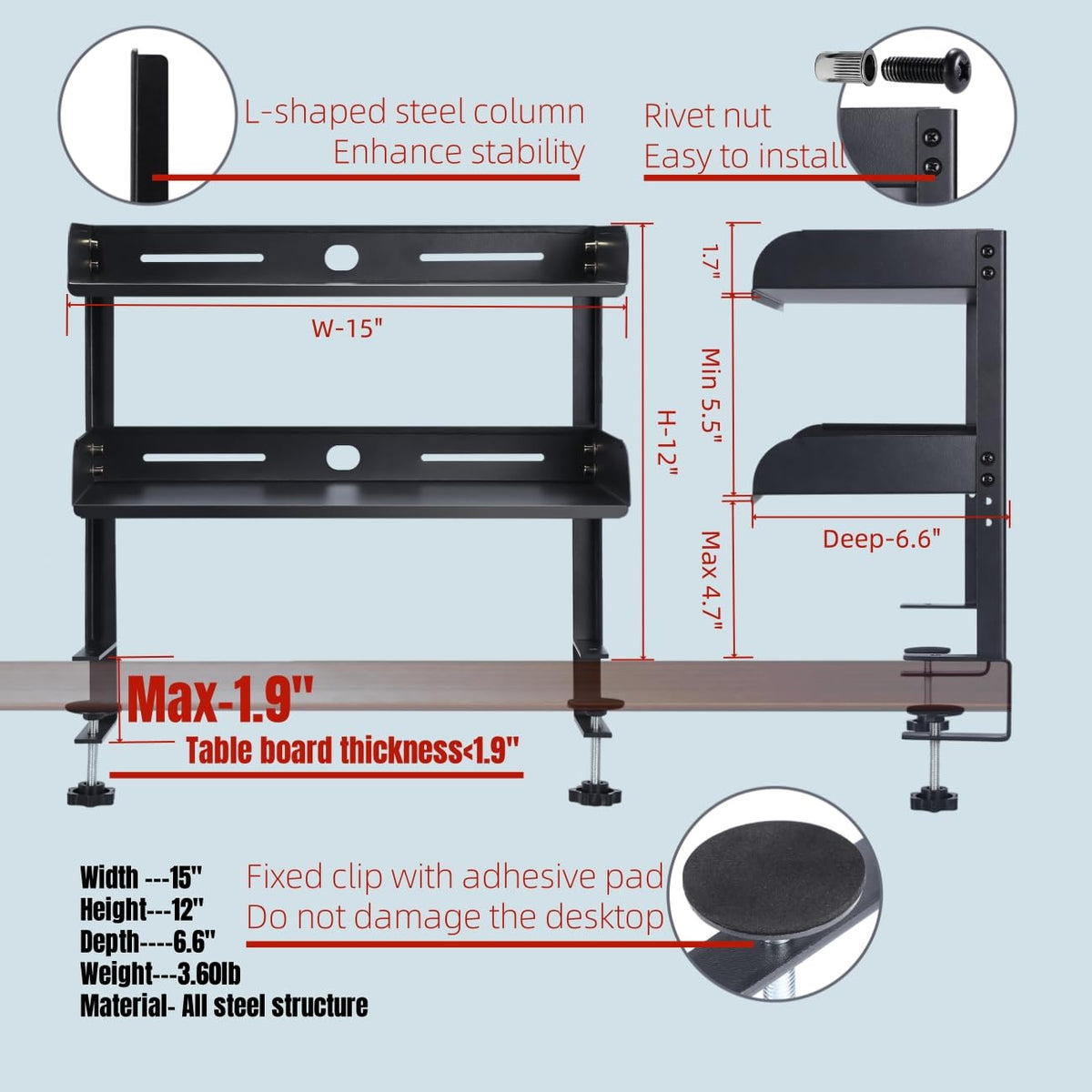CanKing Desk Clamp Shelf 15 Inch 2 Tier Adjustable Storage Rack