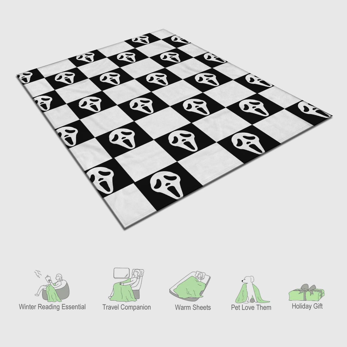 YWZDS Spooky Face Throw Blanket, Black and White Checkered Pattern, Halloween Ghost Blankets Fuzzy Gifts for Sofa Couch Bedroom (60 * 80 inch)
