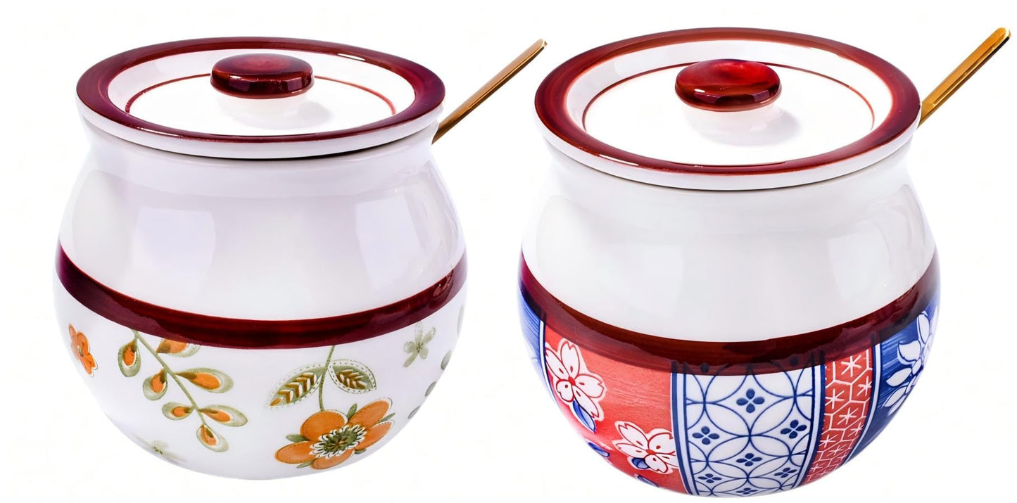 BOSILI Ceramic Spice Jar Set of 2, Airtight Canisters with Lids and Spoons, Floral and Geometric Pattern Containers for Spices, Sugar, Coffee and Tea
