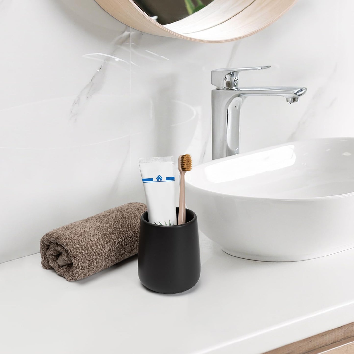 UHEY HOME Bathroom Tumbler Cup Ceramic 13.5oz Reusable Toothbrush Cup 400ml, Toothbrush Holder Adequate for Your Bathroom (Black Brown)