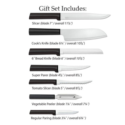 Rada Cutlery The Starter Gift Set (G238), 7-piece Knife Set with Quick Edge Sharpener (R119), Stainless Steel Blades, Black Handle
