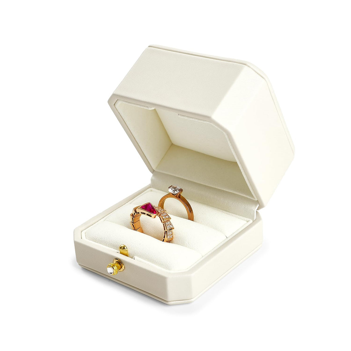 Oirlv Premium Leather Double Ring Box for Wedding Ceremony Engagement Ring Bearer Couple Jewelry Gift Box(White,Double)