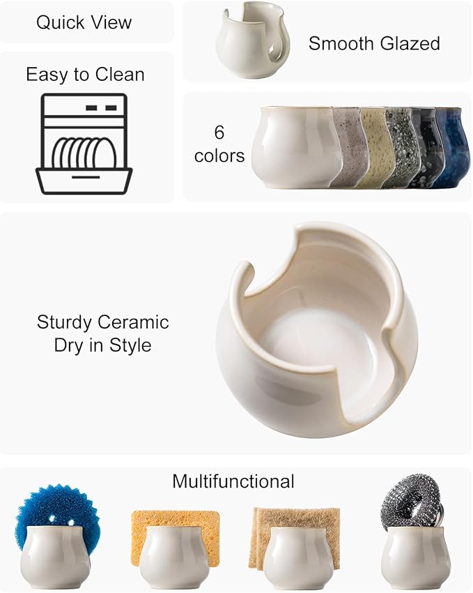 Sponge Holder for Kitchen Sink Counter, Ceramic Dish Sponge Caddy White Sink
