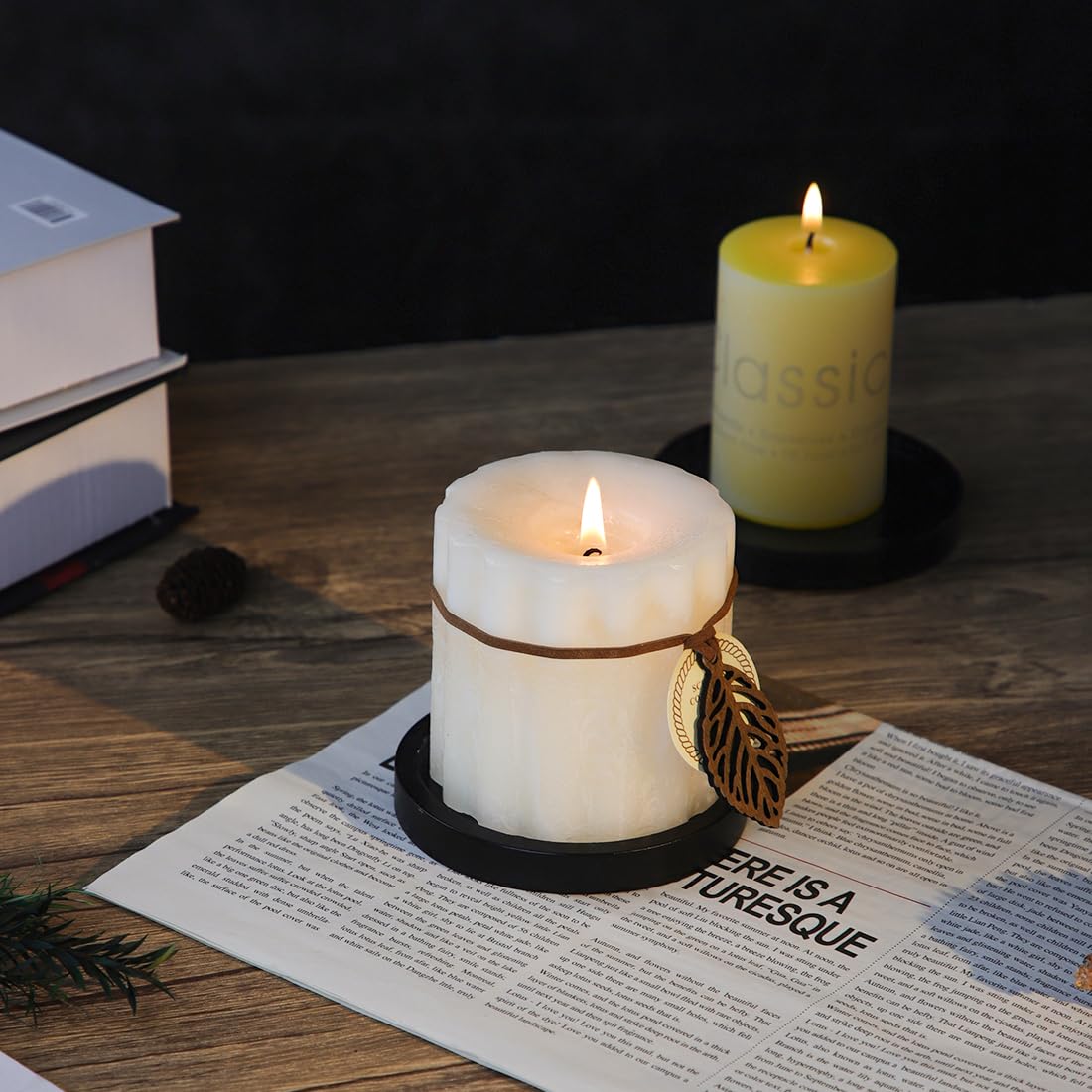 Black Wood Candle Holder - HALE OTEIR Wooden Pillar Candles Tray, Set of 4 Round Wooden Plate Pedestal Stand for Floating or Pillar Candles, Coffee Table Centerpiece for Home Decor