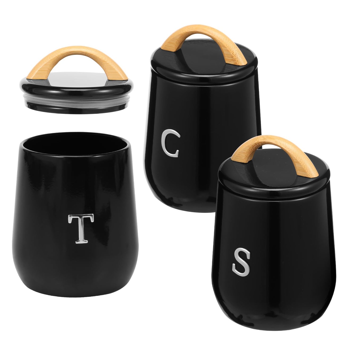 3Pcs Canisters Sets for Kitchen Countertop - Sugar and Coffee Container Set, Metal Moisture Proof Sealed Jar with Label, Kitchen Canisters for Coffee Beans, Tea, Sugar, Salt, Flour, Spices (Black)