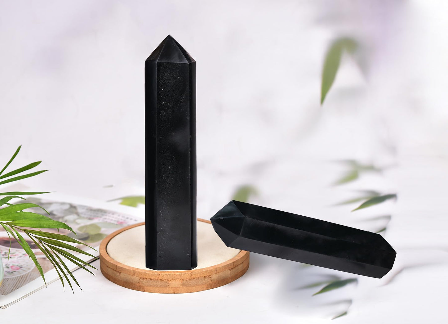 AMOYSTONE Black Obsidian Tower Wand 3-3.5 Lbs Hand-Polished 6-Faceted Gemstone Pillar Protective Stone Altar Supplies for Meditation Bedroom Side Table Placement Shelf Ornament