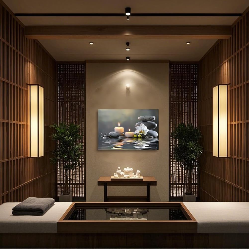 CGXLB Zen Stone Wall Art Candles & Orchid Painting Serene Water Decor for Spa Bathroom Bedroom Meditation Room 24"x36"