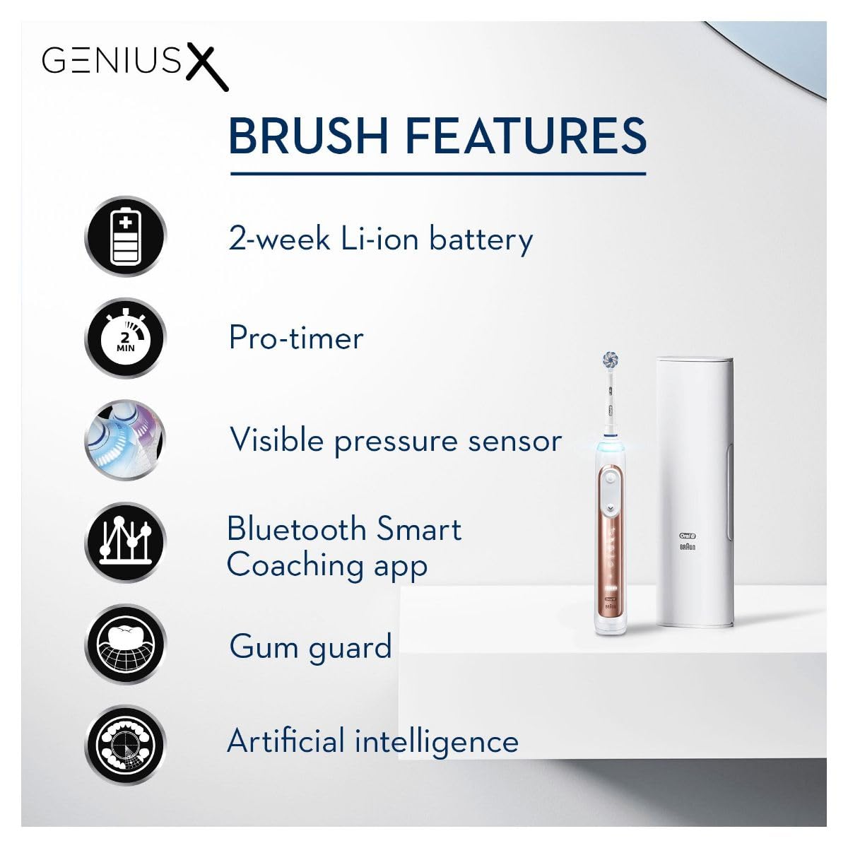 Oral-B Genius X with Artificial Intelligence Rose Gold Electric Toothbrush, 1 Toothbrush Head, 6 Modes, Gum Pressure Sensor, USB Charging Travel Case, UK 2 Pin Plug, Gift for Men/Women