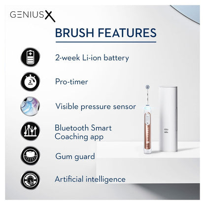 Oral-B Genius X with Artificial Intelligence Rose Gold Electric Toothbrush, 1 Toothbrush Head, 6 Modes, Gum Pressure Sensor, USB Charging Travel Case, UK 2 Pin Plug, Gift for Men/Women