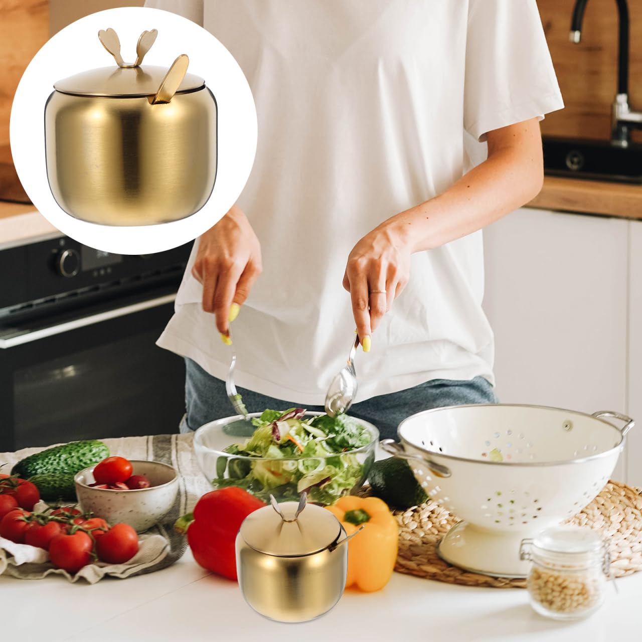 LABRIMP Sugar Bowl with Lid and Spoon Stainless Steel Seasoning Jar Condiment Pot Compact Spice Container for Home Kitchen Dining 3.74X3.34X3.34In