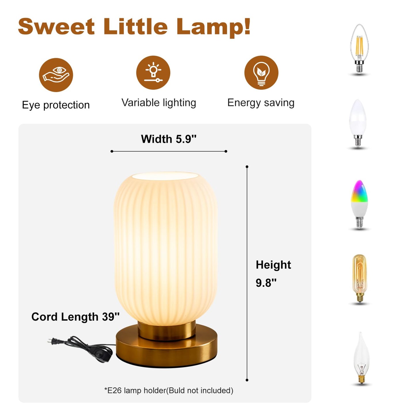 HSMKL Modern Ribbed Glass Table Lamps Mid Century Bedside Light Small Nightstand Lamp with Plug-in Style, E26 Ambient Lighting for Bedroom Living Room Tabletop, Milky White