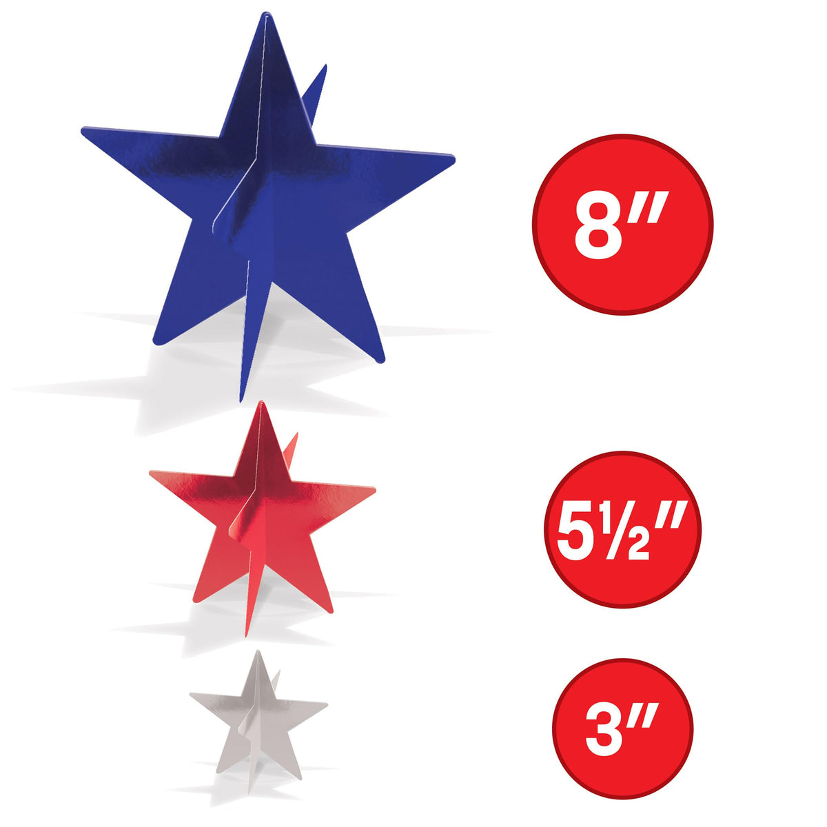 Beistle Red, Silver, and Blue 3-D Foil Star Centerpieces – 6 Pack, Dimensional Star Table Decorations, Freestanding Metallic Décor for New Year’s Eve Celebrations, July 4th Parties & Patriotic Events