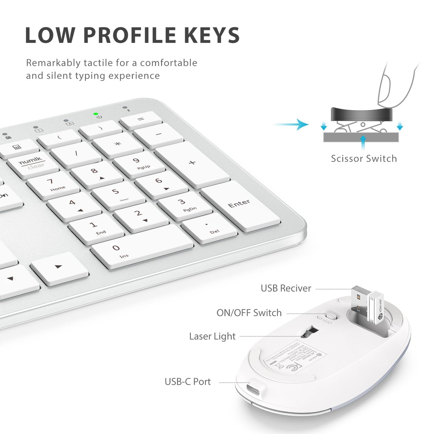 Wireless Keyboard and Mouse Set, iClever Keyboard and Mouse Rechargeable Full Size with Numeric Keypad, Energy Saving 2.4G USB Ultra Slim Silent Wireless for Mac OS/Windows/Computer/Laptop