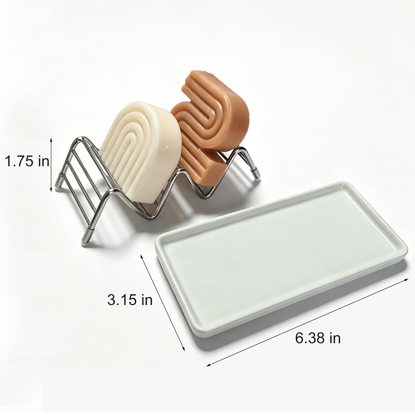 Lofekea Soap Dish, Stainless Steel Self Draining Shower Bar Soap Holder with Ceramic Dish Tray, W Style Soap Saver for Bathroom, Sink, Kitchen and Countertop(White)