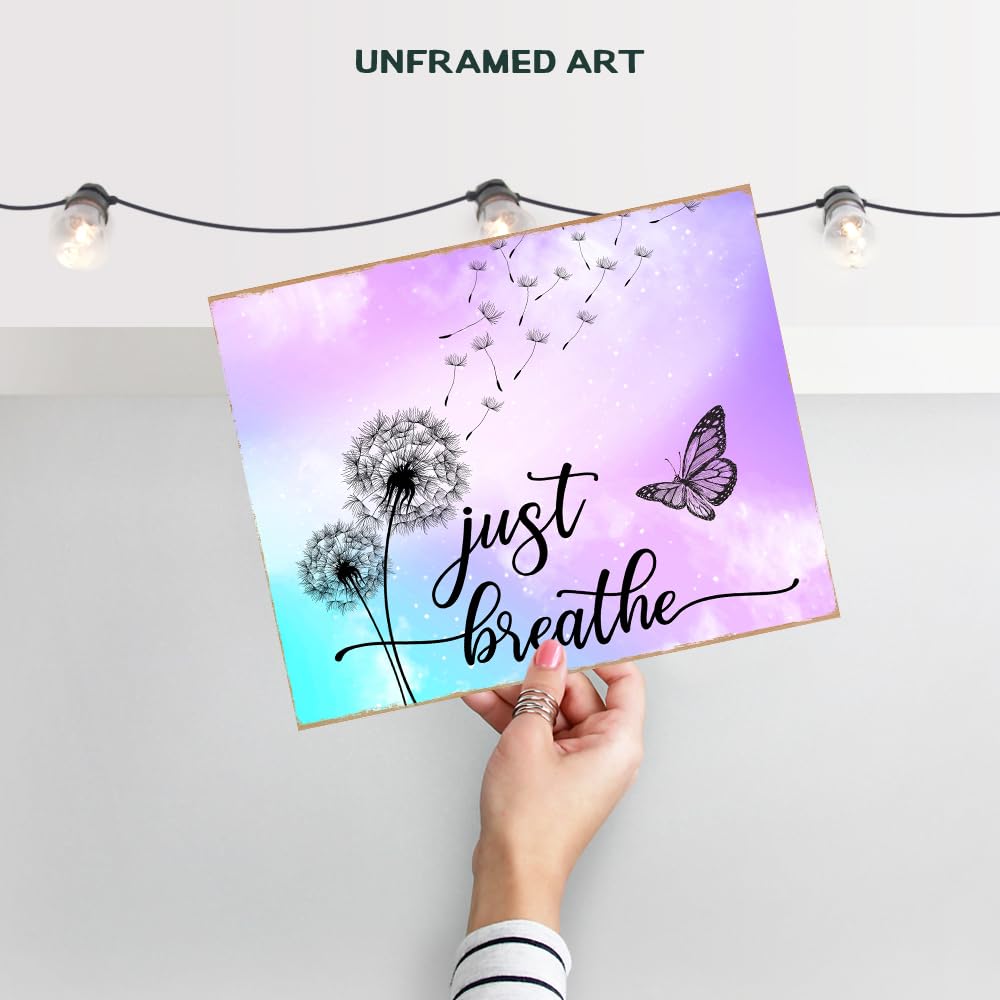 Dandelion Butterfly Just Breathe Wall Art 11x14 - Inspirational Positive Quotes Home Decor - Purple Wall Art for Women Office Bedroom - Zen Meditation Mindfulness Gift - Shabby Chic Boho Unframed