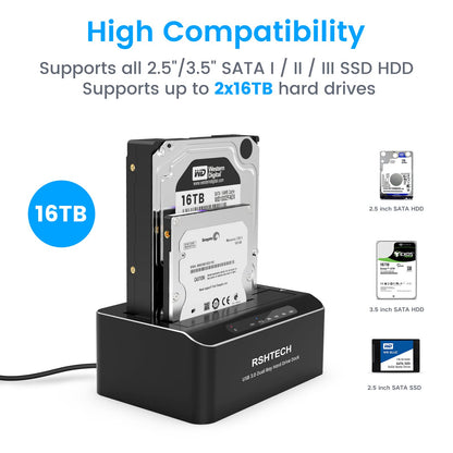 Hard Drive Docking Station, RSHTECH Aluminum Dual Bay SATA Hard Drive Dock for 2.5/3.5 Inch SATA I/II/III HDD SSD Support 2x 16TB Hard Drives,Offline Clone and UASP,Tool-free (RSH-DS01)