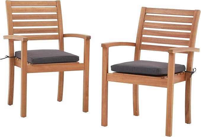 OC Orange-Casual Stackable Patio Dining Chairs Set of 2, Outdoor Acacia Wooden Chairs w/Armrest & Removeable Fabric Cushion, for Porch, Backyard, Garden, Indoor, Dark Grey