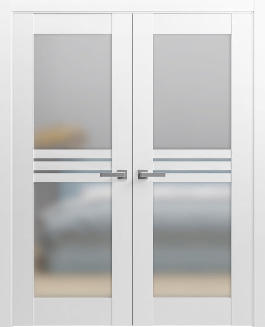 VDOMDOORS Mela 7222 | Double Swing Interior French Doors with Glass with Frosted Glass, MDF, Hardware Included, 84x96, White, Modern