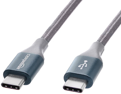 Amazon Basics USB-C to USB-C 2.0 Fast Charger Cable, Nylon Braided Cord, 480Mbps Speed, USB-IF Certified, for Apple iPhone 16/15, iPad, Samsung Galaxy, Tablets, Laptops, 10 Foot, Silver