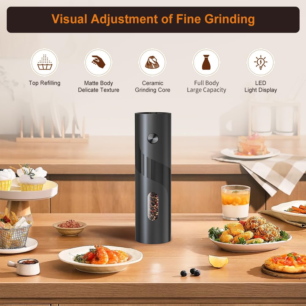 JIDSPWLS Electric Pepper or Salt Grinder Mill,Automatic Pepper Mill with LED Light,Battery Powered Automatic Pepper Grinder,Refillable and djustable CoarsAeness Pepper Grinder(1 pack Black)